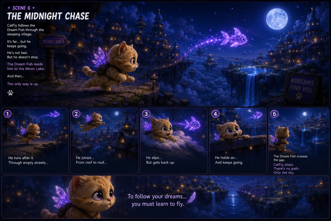Scene 6: The Midnight Chase — CatFly follows a Dream Fish through the sleeping village