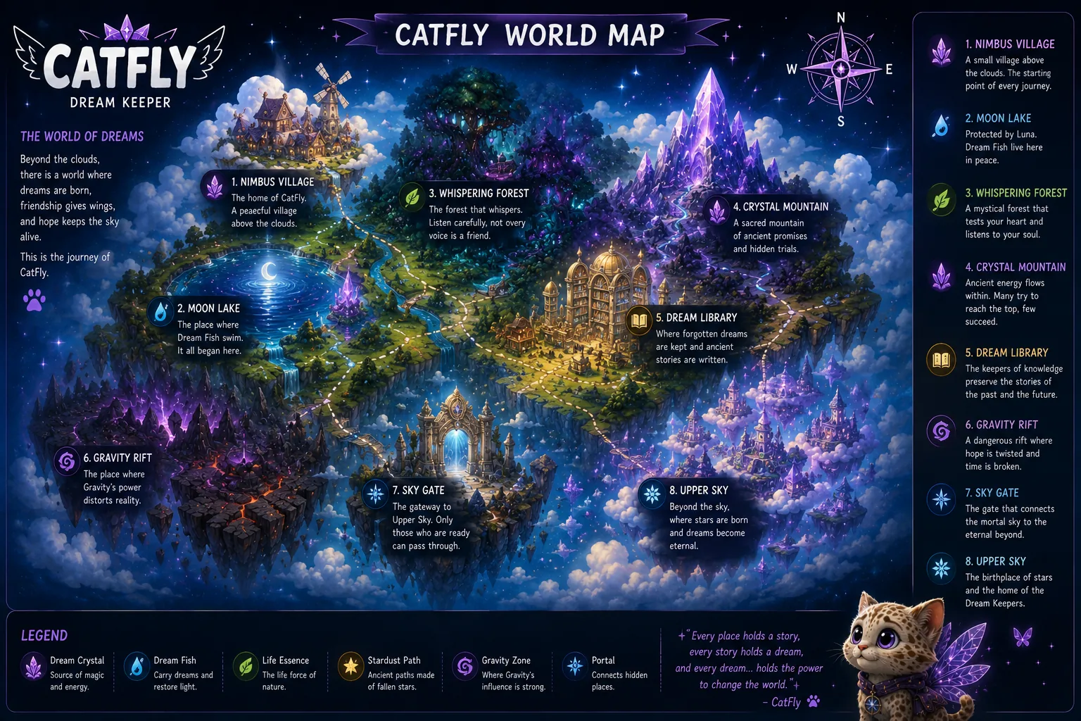 The CatFly world map, showing Nimbus Village, Moon Lake, Whispering Forest, Crystal Mountain, Dream Library, Gravity Rift, Sky Gate, and Upper Sky